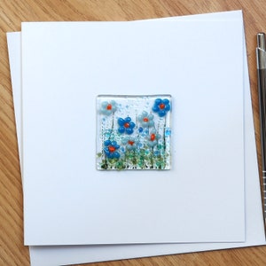 Blue Flowers Greetings Card - Handmade Fused Glass - Blue Flowers - Birthday Card with Glass Art - Keep and Frame Card - EGC 1205