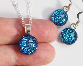 Blue Fused Glass Pendant and Earrings Set - Glass Jewellery - Handmade Glass Jewellery - Jewellery Set EP 1374