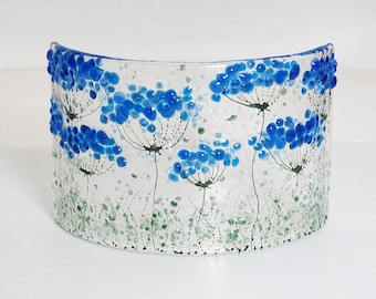 Handmade Fused Glass Candle Screen - Agapanthus Flowers Curve - Glass Flower Scene - Glass Sculpture - Blue Flower Candle Screen - ECS 1122