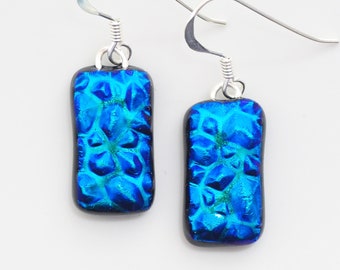 Blue Turquoise Glass Earrings - Blue Fused Glass Earrings - Blue Textured  Dichroic Earrings - Fired Creations Glass - EE 1336