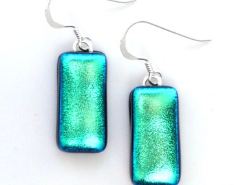 Peppermint Green Turquoise Glass Earrings - Blue Green Fused Glass Earrings - Dichroic Earrings - Fired Creations Glass - EE 1386