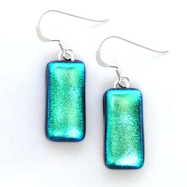 Peppermint Green Turquoise Glass Earrings - Blue Green Fused Glass Earrings - Dichroic Earrings - Fired Creations Glass - EE 1386