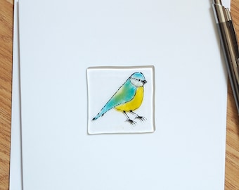 Blue Tit Greetings Card - Handmade Glass Blue Tit - Keep and Frame Card - EGC 1312