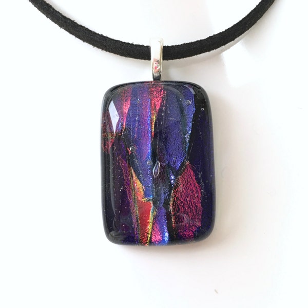 Red Purple Blue Fused Dichroic Glass Necklace - Red Glass Jewellery - Blue Necklace Pendant - Handmade Jewellery - EP 543