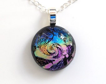 Rainbow Swirls Dichroic Glass Pendant Necklace - Round Glass Necklace - Handmade Necklace - EP 1325