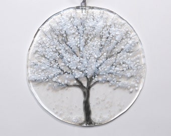 Fused Glass Winter Tree Suncatcher: Snowy Scene, Handmade Decor EH 1311