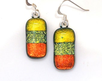 Lime Orange Earrings Golden Green Fused Glass Earrings - Dichroic Glass Jewellery - Fired Creations Glass - EE 1342