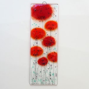 Fused Glass Wall Art - Large Red Flowers Glass Art - Red Flowers Hanging Wall Art Bathroom Wall Art - Poppy Picture  EH 1237
