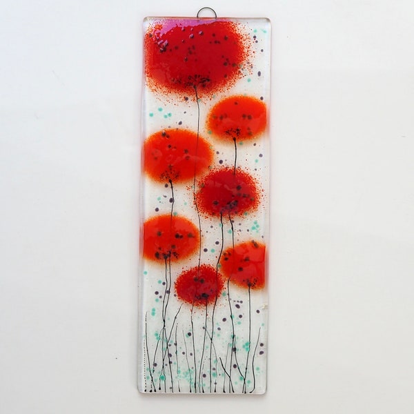 Fused Glass Wall Art - Large Red Flowers Glass Art - Red Flowers Hanging Wall Art - Poppy Picture  EH 1237