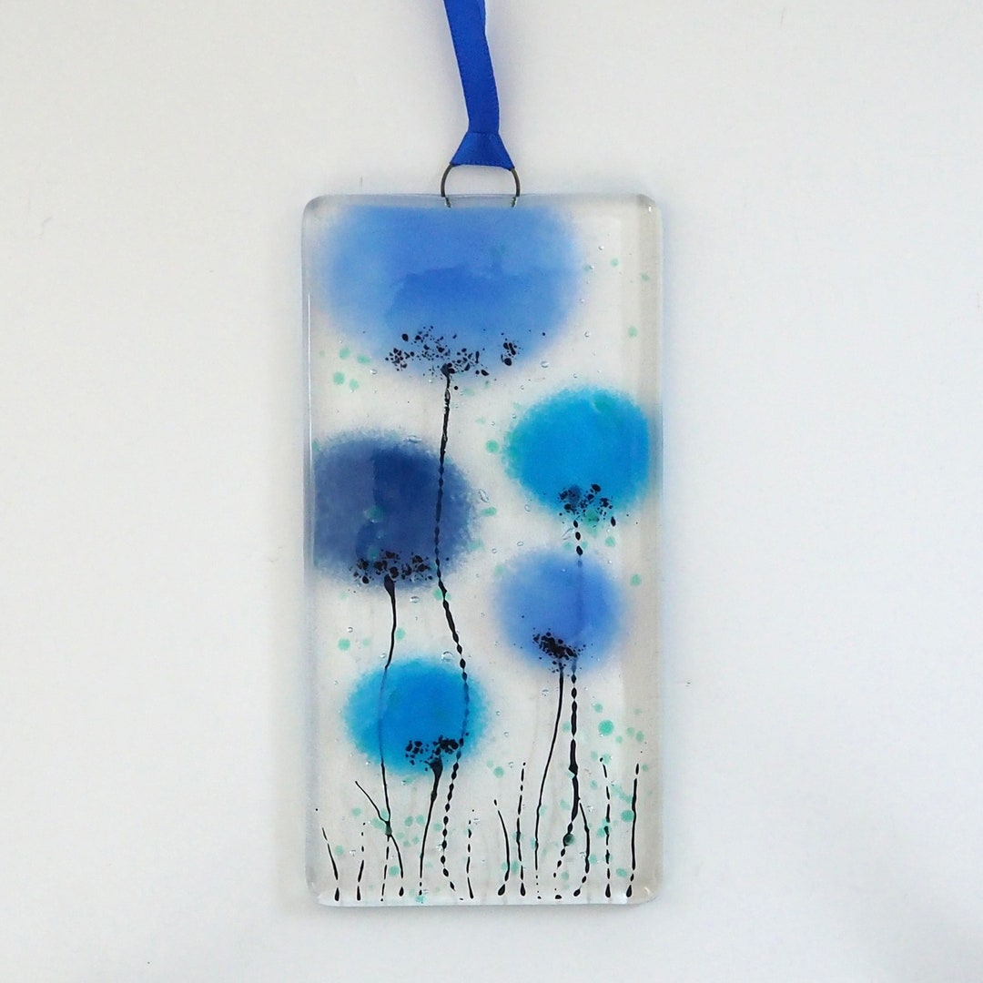 Fused Glass Wall Art Blue Flower Glass Art Blue Flowers Hanging Wall