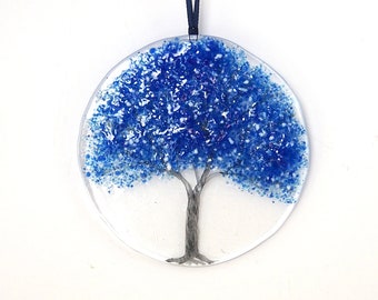 Fused Glass Suncatcher - Blue Tree Glass Art - Round Blue Tree Art - Home Decor - Fired Creations EH 1353