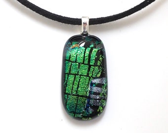 Green and Silver Pendant Necklace - Dichroic Fused Glass Necklace -  Glass Jewellery - Handmade Necklace - EP 1308