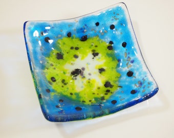 Blue Lime Fused Glass Trinket Dish - Ring Dish - Jewellery Dish - Tea Light Holder - Small Bowl - Glass Votive Holder - ED 653