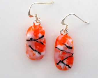 Orange Glass Earrings - Orange and Cream Fused Glass Earrings - Dichroic Glass Jewellery - Glass Earrings - Fired Creations Glass - EE 1344