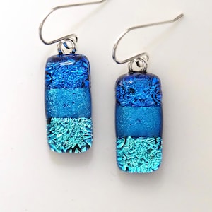 Dichroic Fused Glass Earrings: Teal Turquoise Blue, Sterling Silver Earwires EE 1165