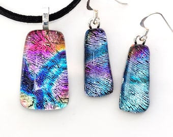 Pink Blue and Purple Fused Glass Pendant and Earrings Set - Glass Jewellery - Handmade Glass Jewellery - Jewellery Set EP 1357