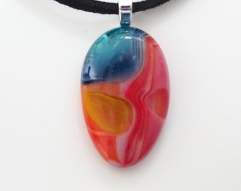 Red Teal Glass Pebble Pendant Necklace - Glass Necklace - Handmade Necklace - EP 1365