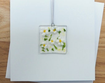 White Daisy Flowers Greetings Card - Handmade Fused Glass - Birthday Card with Glass Art - EGC 1381