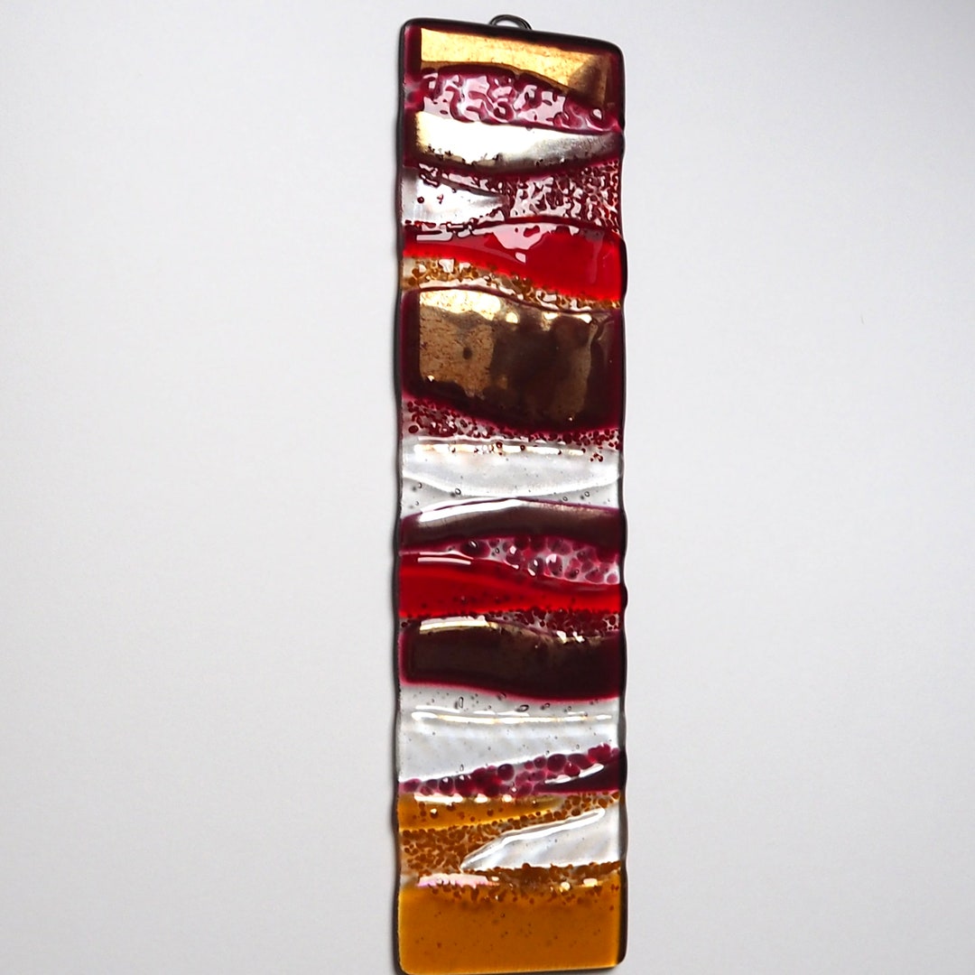 Fused Glass Wall Art: Red, Gold & Pink Abstract Panel (31x8 Cm) EH 1292 ...