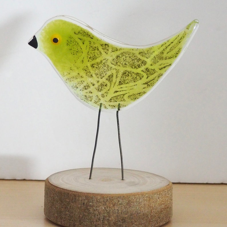 Glass Bird Standing Bird Decoration Fused Glass Bird Handmade Glass Bird EB 1317 Lime bird