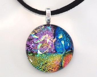 Pink Blue Gold Dichroic Glass Pendant Necklace - Round Glass Necklace - Handmade Necklace - EP 1358