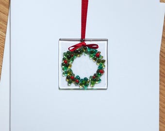 Fused Glass Christmas Wreath Card: Handmade Glass Art Greetings Card