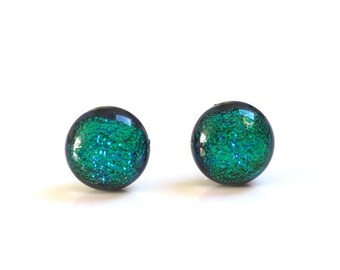 Emerald Blue Dichroic Stud Earrings - Fused Glass Earrings - Stud Earrings - Dichroic Glass Studs - Emerald Stud Earrings - ES 922