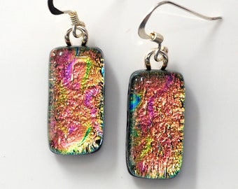 Pink Lime Earrings - Salmon Pink Dichroic Glass Earrings - Dichroic Glass Jewellery - Glass Drop Earrings - Fired Creations Glass - EE 1320