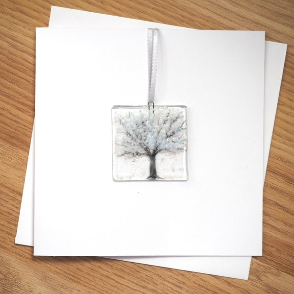 Winter Snowy Tree Greeting Card - Four Seasons Trees - Handmade Fused Glass - Greetings Card with Glass Art - Keep and Frame Card - EGC 1193