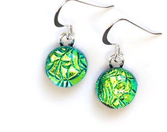 Green Dichroic Glass Earrings - Green Blue Glass Earrings - Round Green Earrings - Fired Creations Glass - EE 1375