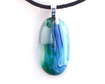 Blue Green White Glass Pebble Pendant Necklace - Glass Necklace - Handmade Necklace - EP 1370