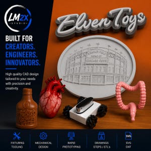 May include: A collection of 3D printed objects including a brown bottle labeled Twisted Gummies, a red anatomical heart, a white rectangular chassis with black wheels, a pink intestine model, and a circular plaque of Wrigley Field.