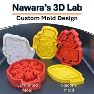 May include: Five plastic molds for crafting, including a white Santa, a yellow snowman, a red Christmas tree, a red snowflake, and a yellow lightbulb shape. The text Nawara's 3D Lab Custom Mold Design appears at the top, with labels 3D Printed Mold and Silicone Mold below.