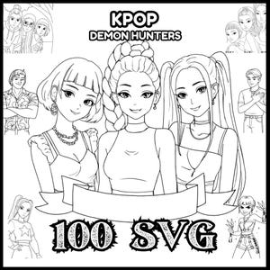 Puede incluir: Ilustración en blanco y negro de tres mujeres de estilo anime con pelo largo. La imagen incluye el texto "KPOP DEMON HUNTERS" y "100 SVG" en una pancarta. Bocetos de personajes adicionales rodean las figuras centrales.