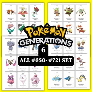 Op de afbeelding: Een verzameling ruilkaarten met Pokémon-personages van de 6e generatie, genummerd van #650 tot #721. Elke kaart toont een unieke illustratie van een wezen met de naam en het nummer. De centrale tekst luidt Pokémon Generations 6 ALL #650- #721 SET.