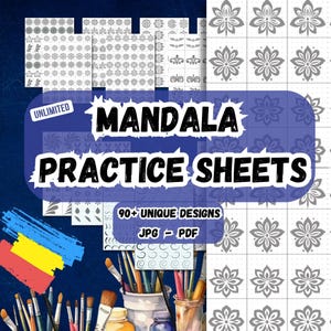 Op de afbeelding: Mandala oefenbladen met meer dan 90 unieke ontwerpen, beschikbaar in JPG- en PDF-formaten. De afbeelding toont verschillende mandala patronen in grijs en wit, met de tekst "Mandala Practice Sheets" prominent weergegeven.