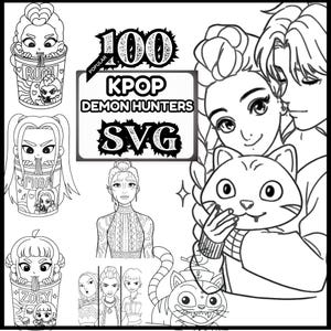 May include: Black and white line art featuring K-pop-themed illustrations. The image includes drawings of anime-style characters, a cat, and text that reads "100 KPOP DEMON HUNTERS SVG". The style is suitable for digital art projects.