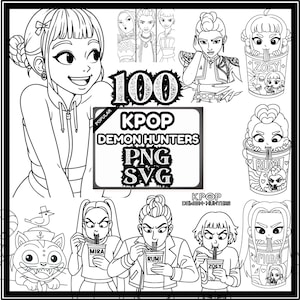 Pode incluir: Ilustração a preto e branco com KPOP Demon Hunters. A imagem inclui vários retratos de personagens, taças de ramen com nomes de personagens e o texto "100 KPOP DEMON HUNTERS PNG SVG".