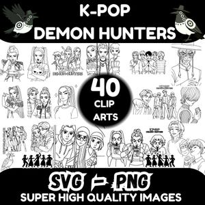 Pode incluir: Conjunto de clip art digital em preto e branco com 40 ilustrações de K-Pop Demon Hunters. A imagem inclui o texto "K-POP DEMON HUNTERS", "40 CLIP ARTS" e "SVG PNG SUPER HIGH QUALITY IMAGES".