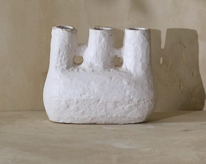 Handmade Paper Mache Vase - Organic Triple Opening Vessel - Modern Sculptural Decor