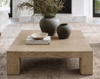Massive Vintage Elm Coffee Table - 50" Square Coffee Table - Solid Blonde Wood, Handcrafted Joinery