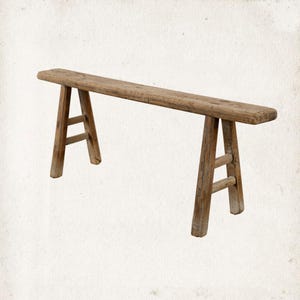 May include: A long, narrow wooden bench with a weathered brown finish. The bench features a flat, rectangular seat supported by four splayed legs, with two horizontal support bars connecting the legs on each side for added structural stability.