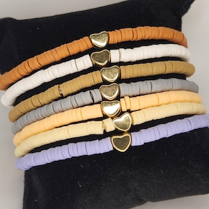 Stacked bracelets 7 in total with Heishi beads and hearts 6.5 in beautiful fall colors jewelry gift for her, gift for mom, gift for daughter
