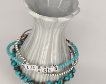 Braccialetti impilati con perline con parole turchese e argento taglia unica regalo di gioielli religiosi per lei, regalo per mamma o figlia - Italia