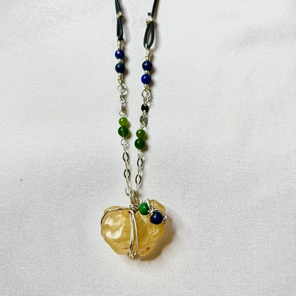 N2222 Sterling Silver Hand-Wrapped Nikiski Agate Heart with Jade & Lapis Beads on Sterling Silver Chain and Adjustable Leather Necklace