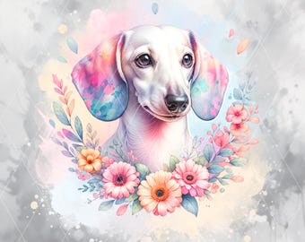 Könnte beinhalten: Eine Aquarell-Illustration eines weißen Dackels mit rosa, blauen und violetten Ohren. Der Hund ist von einem Kranz aus rosa, gelben und weißen Blumen umgeben.
