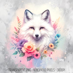 Pastelvos PNG, mooie vos met bloemen aquarel JPG, dieren in het wild en bloemen clipart, digitale download