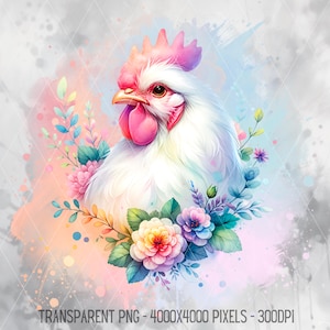 Pastel poulet Art PNG, beau portrait de poule avec fleurs JPG, clipart Chook et art mural imprimable, téléchargement numérique haute résolution