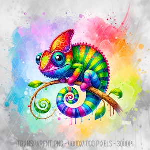 Vibrant Rainbow Chameleon PNG, Digital Watercolor Reptile Art, Cute Chameleon JPG, Chameleon Sublimation Design, Digital Download