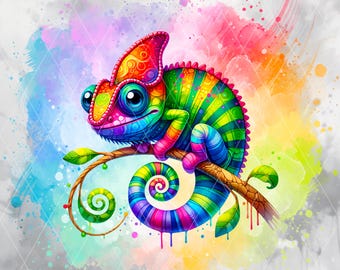 Camaleón arcoíris vibrante PNG, arte digital de reptiles con acuarela, lindo camaleón JPG, diseño de sublimación de camaleón, descarga digital